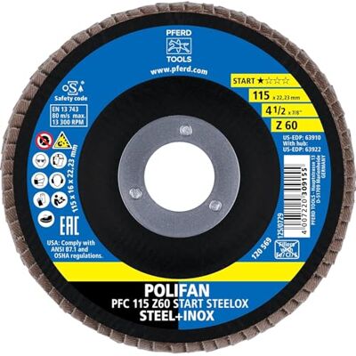 PFERD POLIFAN 69300937 Disco de láminas, 10 unidades, PFC 115 x 22,23 mm, cónico Z60 Start-Linie START STEELOX, para acero, acero inoxidable (INOX) PFERD POLIFAN 69300937 Disco de láminas, 10 unidades, PFC 115 x 22,23 mm, cónico Z60 Start-Linie START STEELOX, para acero, acero inoxidable (INOX)