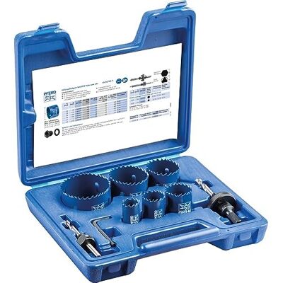 PFERD Juego de coronas perforadoras HSS Bi-metal LS-SO 9 E-1. Contiene 6 coronas 22-64 mm y 2 husillos. Para electricistas. PFERD Juego de coronas perforadoras HSS Bi-metal LS-SO 9 E-1. Contiene 6 coronas 22-64 mm y 2 husillos. Para electricistas.