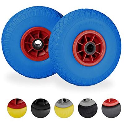 Relaxdays -Ruedas de carretilla de caucho macizo, llantas de plástico, máx.80 kg, azul-rojo, EJE de 25 mm, 260 x 85 mm, juego de 2 Relaxdays -Ruedas de carretilla de caucho macizo, llantas de plástico, máx.80 kg, azul-rojo, EJE de 25 mm, 260 x 85 mm, juego de 2