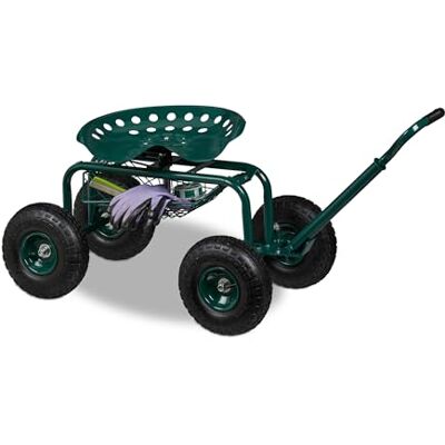 Relaxdays Asiento de Jardín con Ruedas Neumáticas, 150 kg, con Almacenamiento, para Jardinería, Acero, Verde Relaxdays Asiento de Jardín con Ruedas Neumáticas, 150 kg, con Almacenamiento, para Jardinería, Acero, Verde