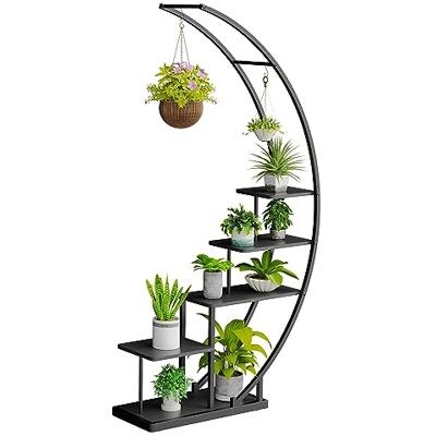 Ribelli Soporte de metal para plantas de 5 niveles en forma de media luna, 172 cm, estantería para plantas con 5 estantes y ganchos, soporte alto para plantas, escalera con protección antivuelco para Ribelli Soporte de metal para plantas de 5 niveles en forma de media luna, 172 cm, estantería para plantas con 5 estantes y ganchos, soporte alto para plantas, escalera con protección antivuelco para