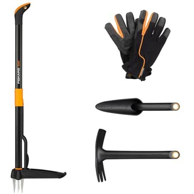 Fiskars - Juego de Herramientas de Jardín, 4 piezas, Transplantador Xact, Acero Inoxidable/Plástico, Solid, FiberComp, Guantes Fiskars - Juego de Herramientas de Jardín, 4 piezas, Transplantador Xact, Acero Inoxidable/Plástico, Solid, FiberComp, Guantes