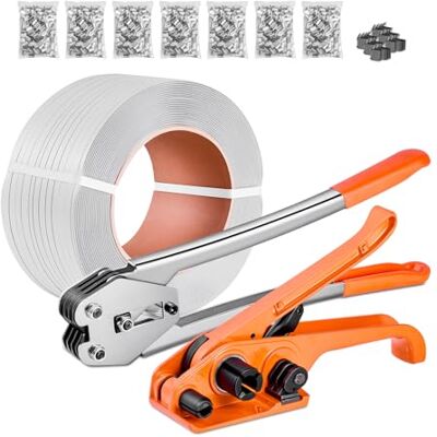 VEVOR Kit de Flejado Correa de 975 m Fleje de PP, Herramienta de Sellado de Flejado con 1000 Precintos Metálicos y 50 Protectores de Esquinas, para Embalaje de Palés para Almacén, Envío, Mudanza VEVOR Kit de Flejado Correa de 975 m Fleje de PP, Herramienta de Sellado de Flejado con 1000 Precintos Metálicos y 50 Protectores de Esquinas, para Embalaje de Palés para Almacén, Envío, Mudanza