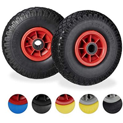 Relaxdays Set de 2 Ruedas de Carretilla, Resistente a Golpes, 3.00-4", Eje 25mm, hasta 80 kg, 260x85 mm, Negro y Rojo Relaxdays Set de 2 Ruedas de Carretilla, Resistente a Golpes, 3.00-4", Eje 25mm, hasta 80 kg, 260x85 mm, Negro y Rojo