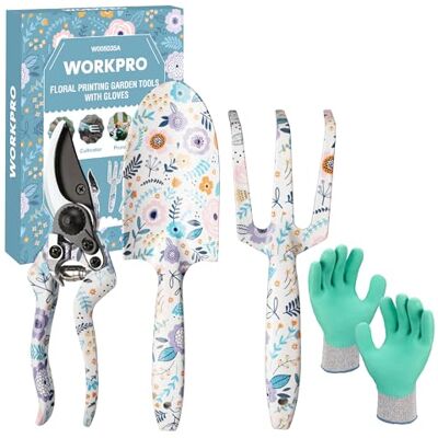WORKPRO Herramientas Jardineria 4PC, Juego de Herramientas para Jardín con Rastrillo, Pala de Mano, Tijeras de Podar, Guantes, Estampado Floral WORKPRO Herramientas Jardineria 4PC, Juego de Herramientas para Jardín con Rastrillo, Pala de Mano, Tijeras de Podar, Guantes, Estampado Floral