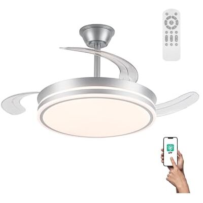 wonderlamp Ventilador con aspas retráctiles, Smart control APP y Mando a distancia, Ventilador de techo con luz LED 72W Miso Evo Plata, Memoria de encendido, 3 CCT, Intensidad Regulable, Silencioso wonderlamp Ventilador con aspas retráctiles, Smart control APP y Mando a distancia, Ventilador de techo con luz LED 72W Miso Evo Plata, Memoria de encendido, 3 CCT, Intensidad Regulable, Silencioso