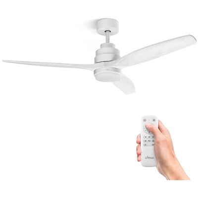 Ufesa Ventilador de Techo con Luz LED, 40W, 6 Velocidades, Ultra Silencioso, 3 Aspas Madera Natural 132cm, Función Verano Invierno, Temporizador 8h, 3 Niveles Luz, Mando a Distancia, Blanco Ufesa Ventilador de Techo con Luz LED, 40W, 6 Velocidades, Ultra Silencioso, 3 Aspas Madera Natural 132cm, Función Verano Invierno, Temporizador 8h, 3 Niveles Luz, Mando a Distancia, Blanco