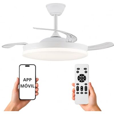 NARVI Ventilador de techo con 3 Palas retráctiles transparentes, Motor DC 30W, Luz LED 60W Regulable en intensidad y color, con Memoria y Mando a distancia Blanco. NARVI Ventilador de techo con 3 Palas retráctiles transparentes, Motor DC 30W, Luz LED 60W Regulable en intensidad y color, con Memoria y Mando a distancia Blanco.