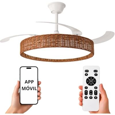 NARVI Ventilador de Techo con luz led regulable,45W, Mimbre Roble Marrón, Motor DC 30W,Silencioso de Bajo Consumo, con Mando a distancia y app, 3 Aspas Retráctiles, NERJA NARVI Ventilador de Techo con luz led regulable,45W, Mimbre Roble Marrón, Motor DC 30W,Silencioso de Bajo Consumo, con Mando a distancia y app, 3 Aspas Retráctiles, NERJA
