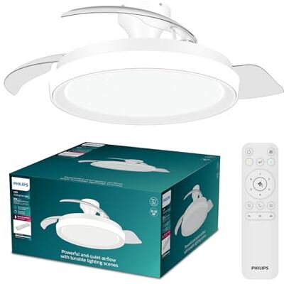 Philips Bliss Lámpara de Techo con Ventilador Aspas Retráctiles LED, 3 Aspas, 106 Cm Envergadura, 4500 Lúmenes, Luz Blanca Ajustable 3000 K a 6500 K, Regulable a 5%, Mando a Distancia, Brillo Blanco Philips Bliss Lámpara de Techo con Ventilador Aspas Retráctiles LED, 3 Aspas, 106 Cm Envergadura, 4500 Lúmenes, Luz Blanca Ajustable 3000 K a 6500 K, Regulable a 5%, Mando a Distancia, Brillo Blanco