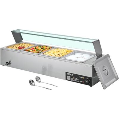 VEVOR Calentador de Alimentos Eléctrico de Acero Inoxidable 1500 W con Vapor y Cubierta de Vidrio, 4 Bandejas, Baño María con Cucharones, para Restaurantes y Fiestas, 1185 x 365 x 385 mm, Plata VEVOR Calentador de Alimentos Eléctrico de Acero Inoxidable 1500 W con Vapor y Cubierta de Vidrio, 4 Bandejas, Baño María con Cucharones, para Restaurantes y Fiestas, 1185 x 365 x 385 mm, Plata