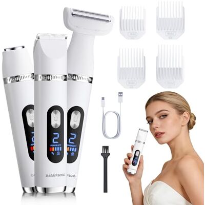 BARBERBOSS Afeitadora eléctrica 3 en 1 para mujer, recortadora corporal, bikini y facial con pantalla LED, control de doble velocidad, recortadora portátil para mujer (Blanco, Plateado) BARBERBOSS Afeitadora eléctrica 3 en 1 para mujer, recortadora corporal, bikini y facial con pantalla LED, control de doble velocidad, recortadora portátil para mujer (Blanco, Plateado)