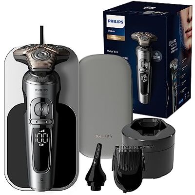 Philips Shaver Series 9000 Prestige Afeitadora eléctrica en húmedo y seco, sistema de afeitado de elevación y corte, tecnología SkinIQ, estilizador de barba, recortador de nariz, almohadilla de Philips Shaver Series 9000 Prestige Afeitadora eléctrica en húmedo y seco, sistema de afeitado de elevación y corte, tecnología SkinIQ, estilizador de barba, recortador de nariz, almohadilla de