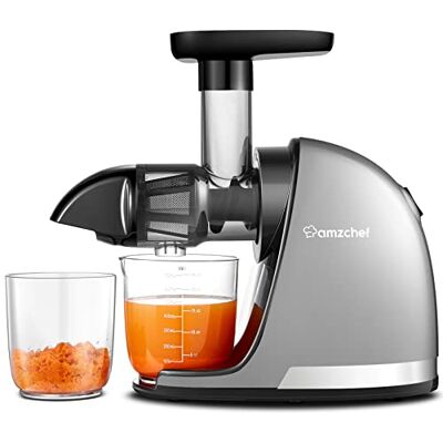 AMZCHEF Licuadora prensado en frío Extractor de zumos y verduras Licuadoras para zumos con 2 depósitos y cepillo Cold press slow juicer machine con función de masticación inversa Plata AMZCHEF Licuadora prensado en frío Extractor de zumos y verduras Licuadoras para zumos con 2 depósitos y cepillo Cold press slow juicer machine con función de masticación inversa Plata