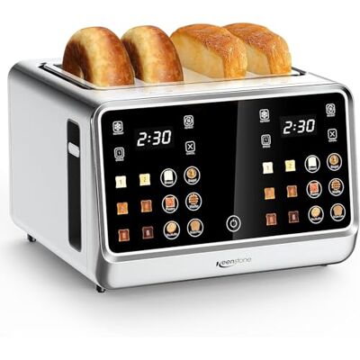 Keenstone Tostadora inteligente con 4 ranuras (pantalla táctil inclinada 75°, control dual independiente, función de malla única, calentamiento y descongelación, 6 ajustes de dorado automático Keenstone Tostadora inteligente con 4 ranuras (pantalla táctil inclinada 75°, control dual independiente, función de malla única, calentamiento y descongelación, 6 ajustes de dorado automático