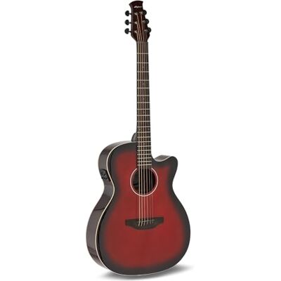 Applause Guitarra acústica eléctrica Jump OM Electro Cut Gloss Tapa de abeto macizo Fondo de ovangkol Cutaway Acabado Cherry Burst de alto brillo Applause Guitarra acústica eléctrica Jump OM Electro Cut Gloss Tapa de abeto macizo Fondo de ovangkol Cutaway Acabado Cherry Burst de alto brillo