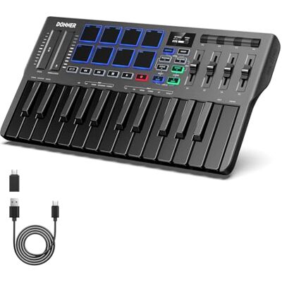 Donner Controlador MIDI USB-C, Teclado MIDI Portátil 25 Teclas con 8 Pads, Pantalla OLED, 16 Escalas, Arpegio, 4 Software DAW, 40 Cursos, Negro Donner Controlador MIDI USB-C, Teclado MIDI Portátil 25 Teclas con 8 Pads, Pantalla OLED, 16 Escalas, Arpegio, 4 Software DAW, 40 Cursos, Negro