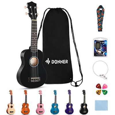 Donner Ukelele para Principiante Ukelele Soprano Kit 21 Pulgadas Ukulele Adulto con Bolso Correa Afinador, Color de Negro con Online Lección Donner Ukelele para Principiante Ukelele Soprano Kit 21 Pulgadas Ukulele Adulto con Bolso Correa Afinador, Color de Negro con Online Lección