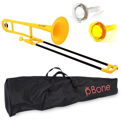 PBONE Trombón , Trombón de plástico ABS (tubos portaobjetos de fibra de vidrio, campana de 8", diámetro interior de 12,7 mm, boquilla de plástico con caña estrecha, bolsa incluida), Amarillo PBONE Trombón , Trombón de plástico ABS (tubos portaobjetos de fibra de vidrio, campana de 8", diámetro interior de 12,7 mm, boquilla de plástico con caña estrecha, bolsa incluida), Amarillo