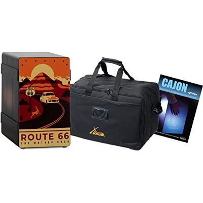 XDrum Design Series Cajon "Route 66" Set incl. Bolsa + Escuela, 5 cm Cajon de diseño con estampado vintage, Puerto de graves integrado, Cuerpo: HPL (High Pressure Laminate), Graves potentes XDrum Design Series Cajon "Route 66" Set incl. Bolsa + Escuela, 5 cm Cajon de diseño con estampado vintage, Puerto de graves integrado, Cuerpo: HPL (High Pressure Laminate), Graves potentes