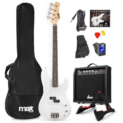 MAX GigKit Bajo eléctrico con amplificador incluido de 40W en blanco Pack con funda, soporte, afinador, cuerdas y cable incluidos, para principiantes y ensayos en casa o estudio MAX GigKit Bajo eléctrico con amplificador incluido de 40W en blanco Pack con funda, soporte, afinador, cuerdas y cable incluidos, para principiantes y ensayos en casa o estudio