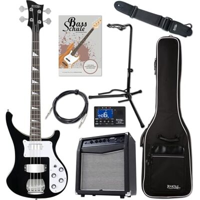 ROCKTILE Pro RB-400B Blackbird E-Bass Black Super Set, Bajo, Cuerpo: tilo Serie Pro, Modelo especial Rockin', Mástil: arce, Diapasón: palisandro, Incrustaciones: perla sintética, 20 trastes ROCKTILE Pro RB-400B Blackbird E-Bass Black Super Set, Bajo, Cuerpo: tilo Serie Pro, Modelo especial Rockin', Mástil: arce, Diapasón: palisandro, Incrustaciones: perla sintética, 20 trastes