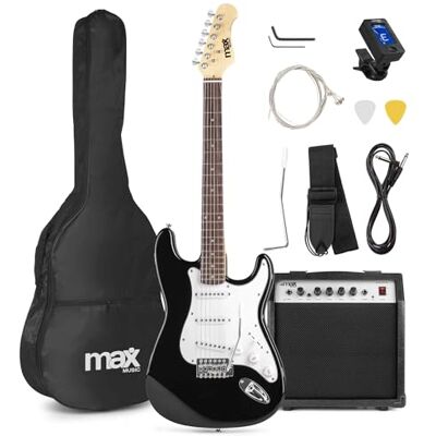 MAX Pack guitarra eléctrica 4/4 con amplificador de 40W, negro 3 pastillas single coil versátiles para rock, funk y pop, amplificador de 40W, incluye funda, correa y afinador digital MAX Pack guitarra eléctrica 4/4 con amplificador de 40W, negro 3 pastillas single coil versátiles para rock, funk y pop, amplificador de 40W, incluye funda, correa y afinador digital