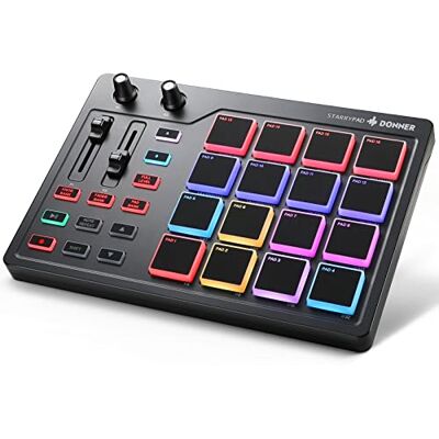 Donner Teclado controlador de almohadilla MIDI USB tipo C, máquina de almohadilla de tambor profesional Beat Maker con 16 almohadillas, salida MIDI, 2 atenuadores asignables y pomos Donner Teclado controlador de almohadilla MIDI USB tipo C, máquina de almohadilla de tambor profesional Beat Maker con 16 almohadillas, salida MIDI, 2 atenuadores asignables y pomos