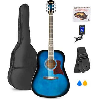 MAX Guitarra acústica azul para principiantes Guitarra acústica con sonido equilibrado para principiantes, incluye funda, afinador, púas, correa y cuerdas. MAX Guitarra acústica azul para principiantes Guitarra acústica con sonido equilibrado para principiantes, incluye funda, afinador, púas, correa y cuerdas.
