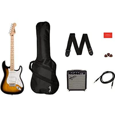 Fender Squier by Paquete de guitarra eléctrica Stratocaster Sonic, diapasón de arce en 2 colores Sunburst, bolsa de concierto, amplificador de guitarra Squier Frontman de 10 W, púas, correa, cable, Fender Squier by Paquete de guitarra eléctrica Stratocaster Sonic, diapasón de arce en 2 colores Sunburst, bolsa de concierto, amplificador de guitarra Squier Frontman de 10 W, púas, correa, cable,