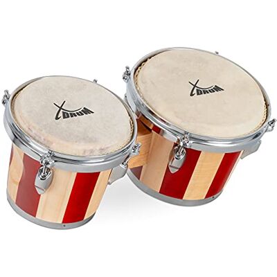 XDrum Bongos Retro, 2 tambores ("Macho" y "Hembra"), Tamaños de bongo: 16 5 cm (6, 5") y 19 cm (7, Parches naturales, Madera: abedul, Herrajes cromados, 4 tensores por tambor, Patrón rojo XDrum Bongos Retro, 2 tambores ("Macho" y "Hembra"), Tamaños de bongo: 16 5 cm (6, 5") y 19 cm (7, Parches naturales, Madera: abedul, Herrajes cromados, 4 tensores por tambor, Patrón rojo