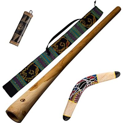 Australian Treasures Paquete ''Dreamtime'': didgeridoo de madera 120cm bolsa boomerang de madera 40cm palo de lluvia/agitador 20cm Australian Treasures Paquete ''Dreamtime'': didgeridoo de madera 120cm bolsa boomerang de madera 40cm palo de lluvia/agitador 20cm