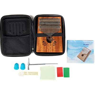 GEWA Kalimba piano de pulgar caoba, motivo escarabajo, 17 cañas de acero, afinable, incl. borsa, martillo de afinar, manual GEWA Kalimba piano de pulgar caoba, motivo escarabajo, 17 cañas de acero, afinable, incl. borsa, martillo de afinar, manual