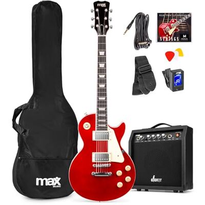 MAX Guitarra eléctrica single cut color rojo brillante Dos pastillas humbucker versátiles para rock, pop y funk, amplificador de 40W, incluye afinador digital y funda protectora MAX Guitarra eléctrica single cut color rojo brillante Dos pastillas humbucker versátiles para rock, pop y funk, amplificador de 40W, incluye afinador digital y funda protectora