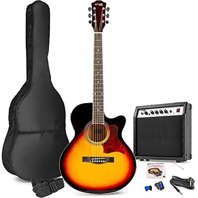 MAX Guitarra electroacústica sunburst con amplificador y funda Set con funda, afinador digital, correa, púas y cuerdas de repuesto, para principiantes y músicos activos MAX Guitarra electroacústica sunburst con amplificador y funda Set con funda, afinador digital, correa, púas y cuerdas de repuesto, para principiantes y músicos activos
