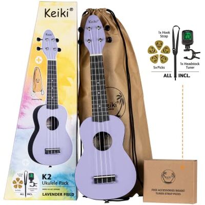 Ortega Guitars Ukelele Soprano púrpura Keiki K2 Kit de inicio incluye afinador, correa, 5 púas medianas y bolsa de dibujo pastel/lavanda () Ortega Guitars Ukelele Soprano púrpura Keiki K2 Kit de inicio incluye afinador, correa, 5 púas medianas y bolsa de dibujo pastel/lavanda ()