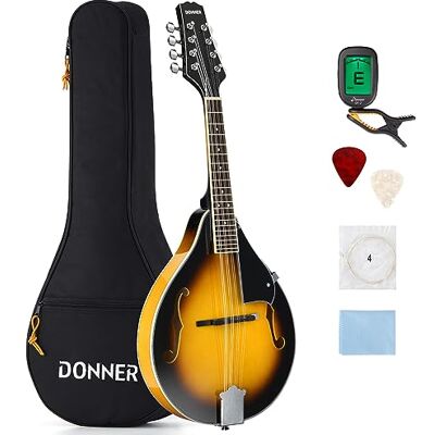 Donner Instrumento de mandolina estilo A con 8 cuerdas para principiantes adultos caoba bolsa sintonizador púas Sunburst () Donner Instrumento de mandolina estilo A con 8 cuerdas para principiantes adultos caoba bolsa sintonizador púas Sunburst ()