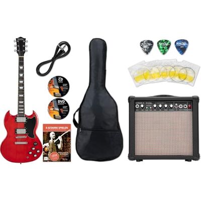 ROCKTILE Pro S-Red Guitarra Eléctrica Heritage Starter Set + Set, 2 mm Modelo: S-Red, 2 pastillas humbucker, Herrajes cromados, 22 trastes, Diapasón: palisandro, Mástil encolado de arce, 2 mm ROCKTILE Pro S-Red Guitarra Eléctrica Heritage Starter Set + Set, 2 mm Modelo: S-Red, 2 pastillas humbucker, Herrajes cromados, 22 trastes, Diapasón: palisandro, Mástil encolado de arce, 2 mm