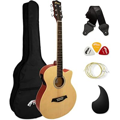 Tiger Guitarra electroacústica para estudiantes de tamaño completo con ecualizador incorporado, funda, correa, cuerdas de repuesto y púas Natural Tiger Guitarra electroacústica para estudiantes de tamaño completo con ecualizador incorporado, funda, correa, cuerdas de repuesto y púas Natural