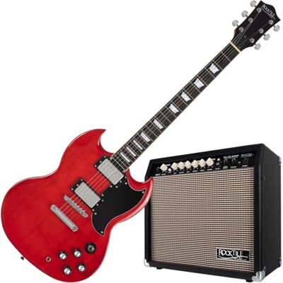 ROCKTILE Pro S-Red Guitarra Eléctrica Heritage Cherry Set de Amplificador Modelo: S-Red, 2 Humbucker Pickups, Hardware cromada, 22 trastes, Diapasón: palisandro, Mástil encolado de arce, Cuerpo: tilo ROCKTILE Pro S-Red Guitarra Eléctrica Heritage Cherry Set de Amplificador Modelo: S-Red, 2 Humbucker Pickups, Hardware cromada, 22 trastes, Diapasón: palisandro, Mástil encolado de arce, Cuerpo: tilo