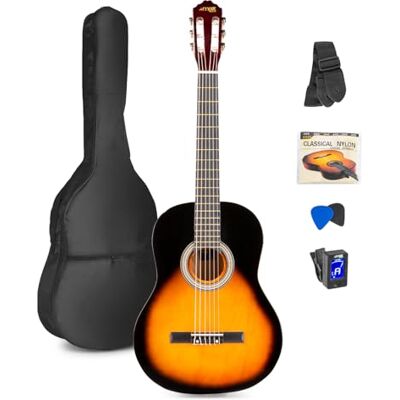 MAX Guitarra clásica española color sunburst 4/4 Para principiantes adultos, cuerdas de nailon, incluye funda, afinador, correa y una púa de repuesto completa extra y variado MAX Guitarra clásica española color sunburst 4/4 Para principiantes adultos, cuerdas de nailon, incluye funda, afinador, correa y una púa de repuesto completa extra y variado