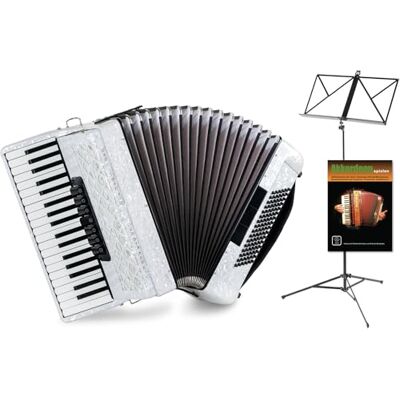 Classic Cantabile Acordeón 96 bajos 'Secondo V' blanco, 37 teclas Rango F-f'' (como en la mayoría de Hohner 96 bajos); 96 botones de bajo; 3 coros en agudos (7 registros); 4kg Classic Cantabile Acordeón 96 bajos 'Secondo V' blanco, 37 teclas Rango F-f'' (como en la mayoría de Hohner 96 bajos); 96 botones de bajo; 3 coros en agudos (7 registros); 4kg