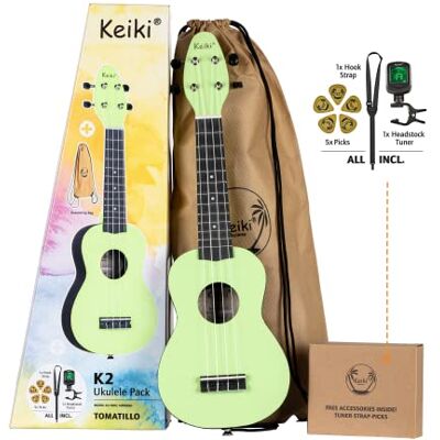 Ortega Guitars Ukelele Soprano verde Keiki K2 Kit de inicio incluye afinador, correa, 5 púas medianas y bolsa de dibujo pastel/tomatillo () Ortega Guitars Ukelele Soprano verde Keiki K2 Kit de inicio incluye afinador, correa, 5 púas medianas y bolsa de dibujo pastel/tomatillo ()