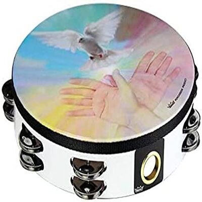 REMO World Percussion Pandereta de Alabanza 10" Doble fila – Motivo: paloma y manos abiertas, Marco Acousticon, Blanco, 8 pares de jingles, Afinación fija, Ligero – REMO World Percussion Pandereta de Alabanza 10" Doble fila – Motivo: paloma y manos abiertas, Marco Acousticon, Blanco, 8 pares de jingles, Afinación fija, Ligero –