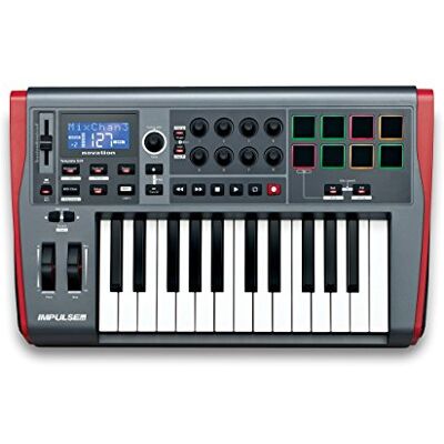 Novation Impulse 25, teclado controlador MIDI con 25 teclas y alimentación USB. Teclado de tamaño piano, robusto y sensible, con pospulsación y pads sensibles a la velocidad Novation Impulse 25, teclado controlador MIDI con 25 teclas y alimentación USB. Teclado de tamaño piano, robusto y sensible, con pospulsación y pads sensibles a la velocidad