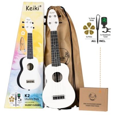 Ortega Guitars Ukelele Soprano blanco Keiki K2 Kit de inicio incluye afinador, correa, 5 púas medianas y bolsa de dibujo pastel/tomatillo () Ortega Guitars Ukelele Soprano blanco Keiki K2 Kit de inicio incluye afinador, correa, 5 púas medianas y bolsa de dibujo pastel/tomatillo ()