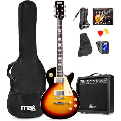MAX Guitarra eléctrica single cut color sunburst clásico Dos pastillas humbucker versátiles para rock, pop y funk, amplificador de 40W, incluye afinador digital y funda protectora MAX Guitarra eléctrica single cut color sunburst clásico Dos pastillas humbucker versátiles para rock, pop y funk, amplificador de 40W, incluye afinador digital y funda protectora