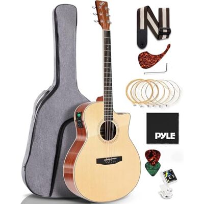 Pyle guitarra acústica eléctrica, Premium, Tapa de abeto y lados de caoba, Cuerdas de acero, Ecualizador de 4 bandas, Sintonizador Pyle guitarra acústica eléctrica, Premium, Tapa de abeto y lados de caoba, Cuerdas de acero, Ecualizador de 4 bandas, Sintonizador