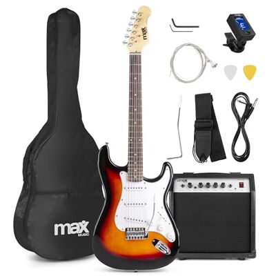 MAX Guitarra eléctrica de iniciación color sunburst clásico 3 pastillas single coil versátiles para rock, funk y pop, amplificador de 40W, incluye funda, correa y afinador digital MAX Guitarra eléctrica de iniciación color sunburst clásico 3 pastillas single coil versátiles para rock, funk y pop, amplificador de 40W, incluye funda, correa y afinador digital