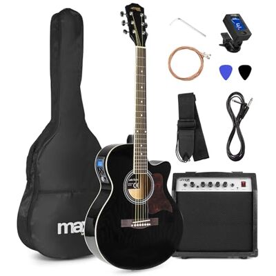 MAX Guitarra electroacústica color negro con amplificador y funda Pack con funda, afinador, correa, 2 púas y cuerdas de acero de repuesto, para principiantes y aficionados MAX Guitarra electroacústica color negro con amplificador y funda Pack con funda, afinador, correa, 2 púas y cuerdas de acero de repuesto, para principiantes y aficionados